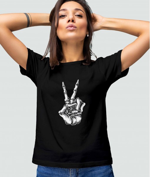 Дамска тениска с щампа Готика Victory Sign Skull Hand